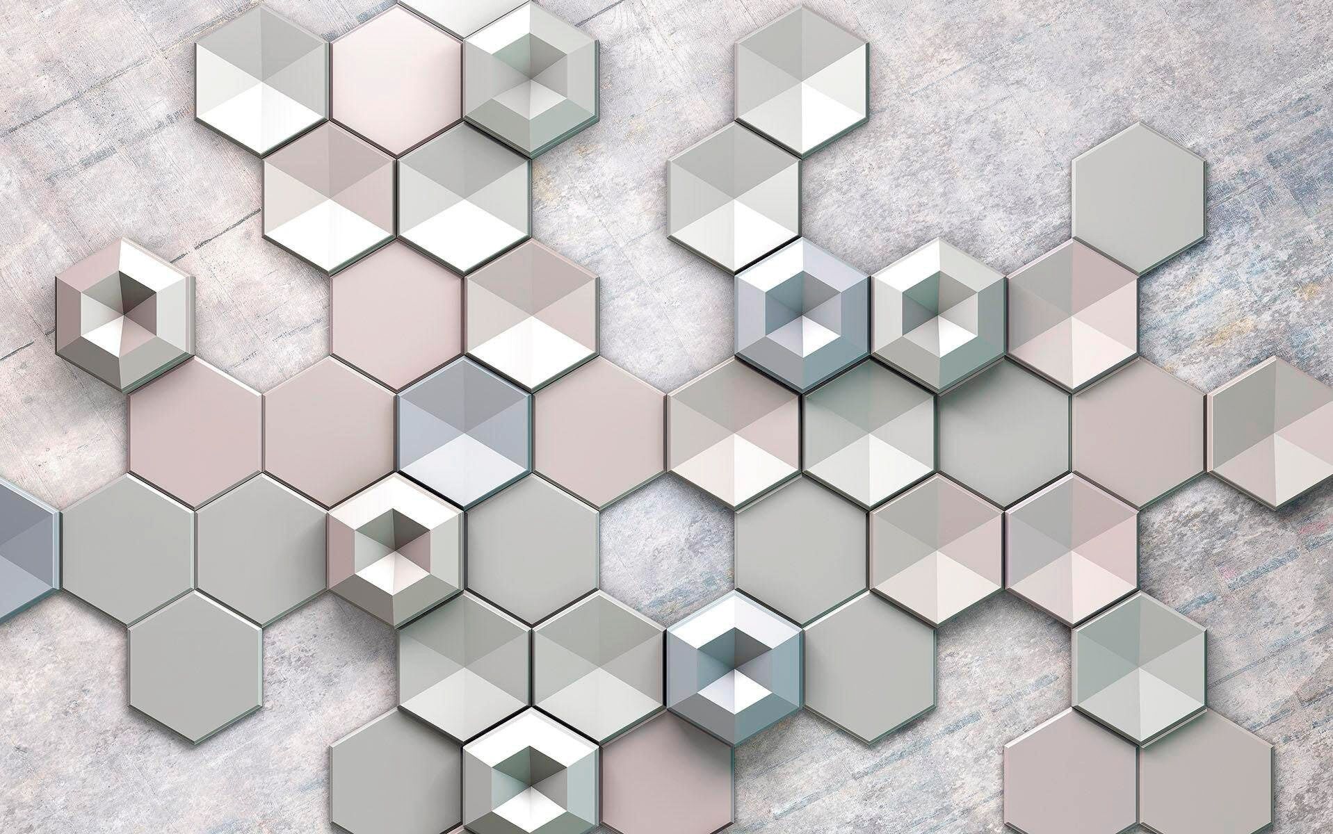 Vliestapete KOMAR "Digitaldruck Vlies - Hexagon Concrete - Größe 400 x 250 cm", silber (silberfarben), B:400m L:250m, Vlies, Tapeten, Vliestapete, Wohnzimmer, Schlafzimmer