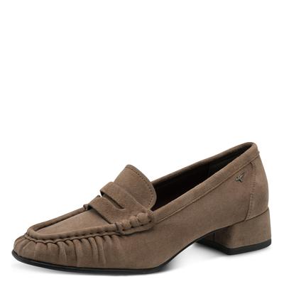 Pumps TAMARIS, Damen, Gr. 40, braun (taupe), Ziegenveloursleder, Basic, Schuhe Pumps, Blockabsatz, Businessschuh mit modischem Zierriegel