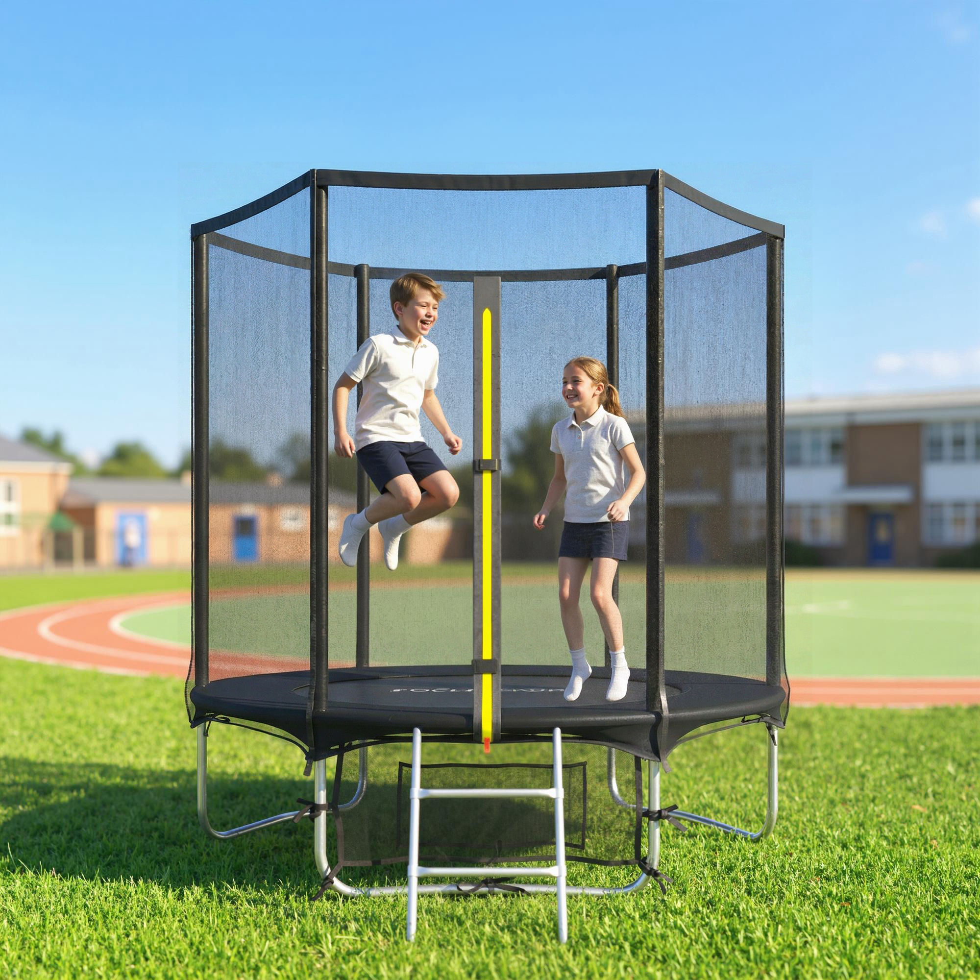 Sportnow Trampolino Elastico Esterno Ø183 cm per Bambini da +6 Anni e Adulti con Rete di Sicurezza e Scala a 2 Gradini, Nero   Aosom Italy