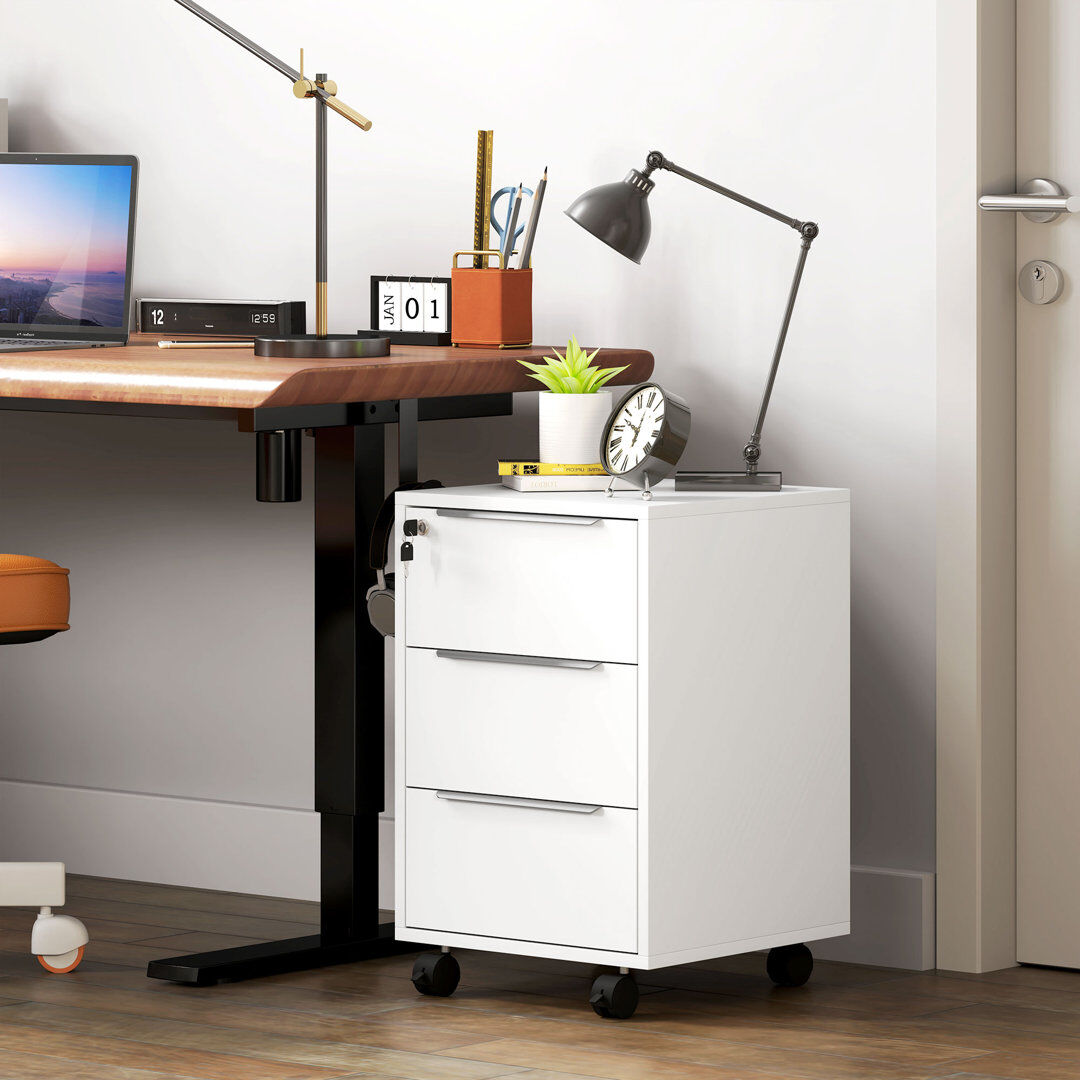 17 Stories HOMCOM Modern 3-Drawer Locking File Cabinet Mobile Filing Cabinet White/White 63.5cm H X 40cm W X 40cm D