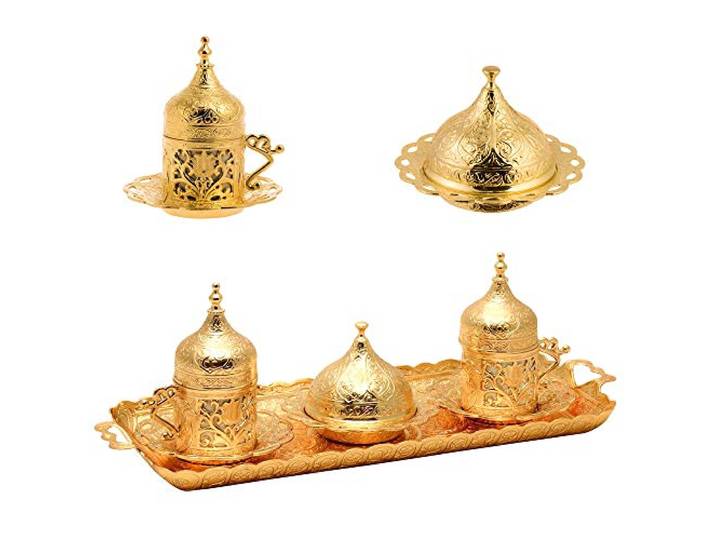 Alisveristime Authentisches türkisches Kaffeetassen-Set: Zamak & Porzellan, Tulpenmotive (2er-Set) (Lale) (Gold)