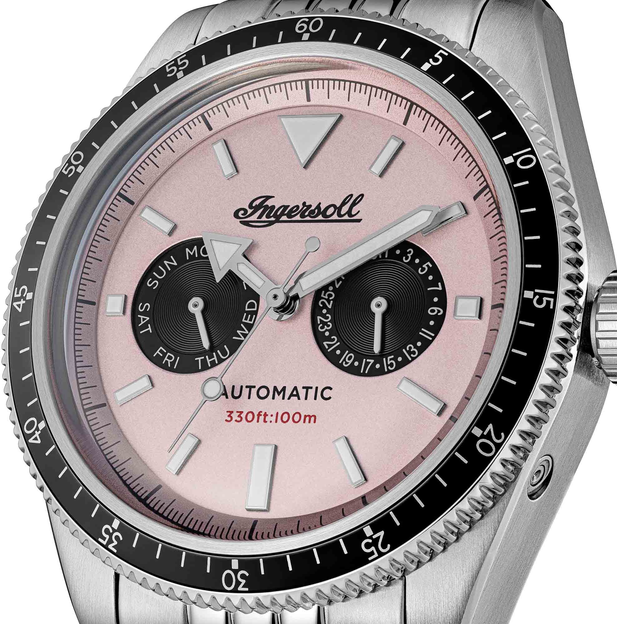 Automatikuhr INGERSOLL "The Outlaw", rosa (silberfarben, pink), Armbanduhren, Herren, silberfarben, Automatikuhr, Armbanduhr, Herrenuhr, Mechanische Uhr, Edelstahlarmband, analog