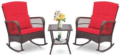 Costway 3 Pieces Rocking Bistro Set with 2-Tier Coffee Table-Red
