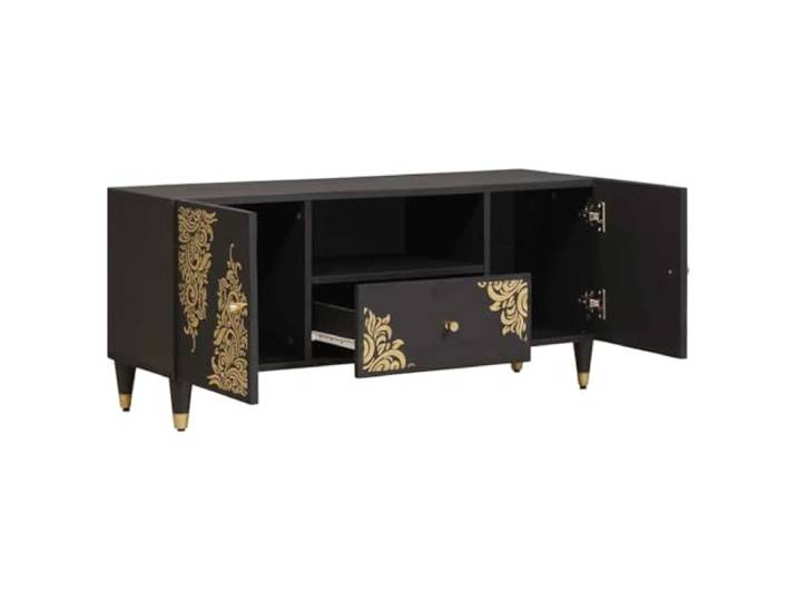 TV-Schrank mit Regal Schwarz 105 x 33 x 46 cm Massivholz Mango Zwei Türen, Messinggriffe, Messingknöpfe, Massivholz Beine, goldene Druckmuster, Wohnzimmer