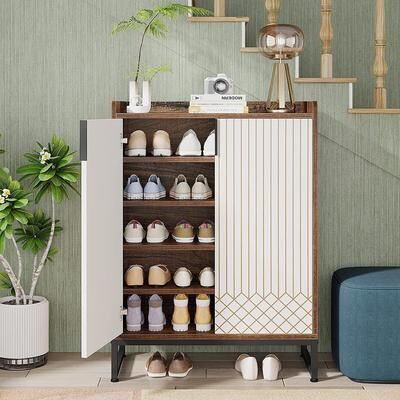 YUZHOU Sturdy 5-Tier Wood Shoe Cabinet with Doors for Entryway Hallway