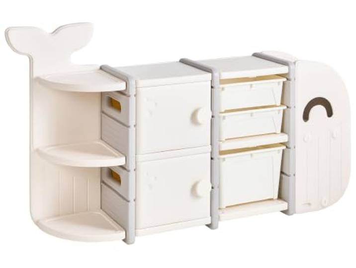 Beliani Spielzeugaufbewahrung mit Boxen Kunststoff beige Tierform Meerestier Wal Aufbewahrung fürs Kinderzimmer Whalan