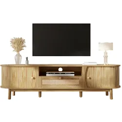 MODFU TV-Schrank MDF Natur 165x37x46 cm mit Rattanfront, Schiebetür und Schubladen