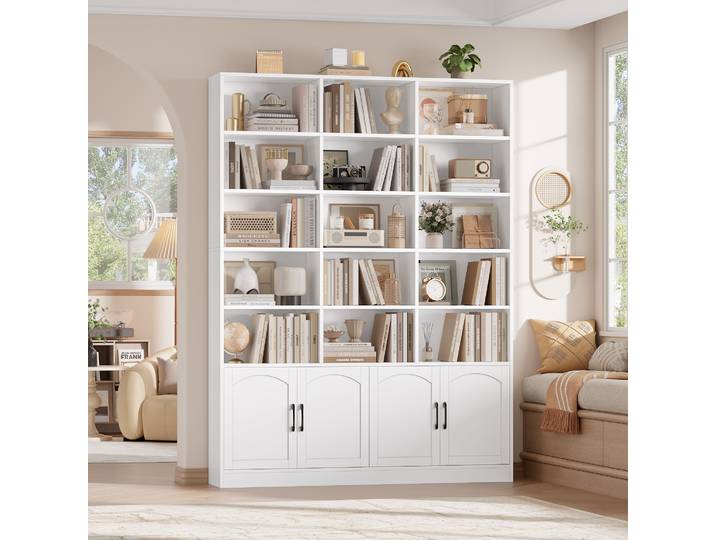Getone Bibliothèque , Bibliotheque Meuble de Rangement avec 15 étagères, 4 portes, étagère de rangement Bibliothèques pour salon, bureau, cuisine, 150 x 23,7 x 209 cm