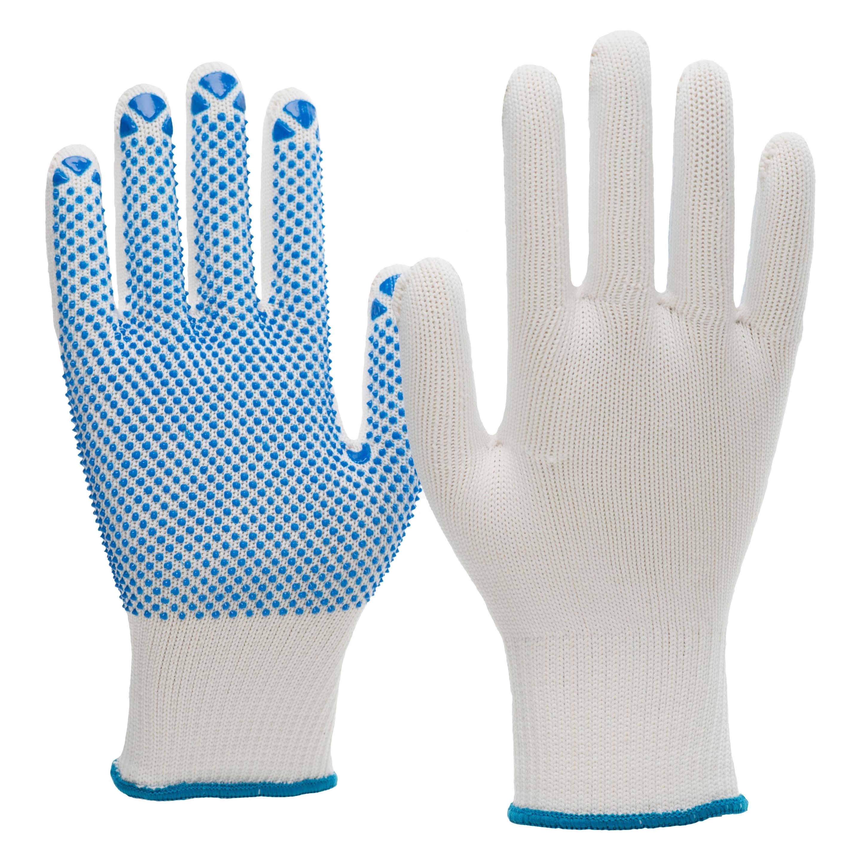 Nitras Strickhandschuhe, Nylon / Baumwolle, weiss, PVC-Noppen, blau (Farbcode: 1122), genoppt auf Inn (9) (6100-9)