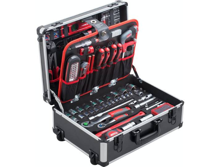 Meister Werkzeugrolley 156-teilig - Werkzeug-Set - Mit Rollen - Teleskophandgriff / Caisse à outils professionnelle remplie / Caisse à outils mobile sur roulettes / Caisse à outils complète avec outils