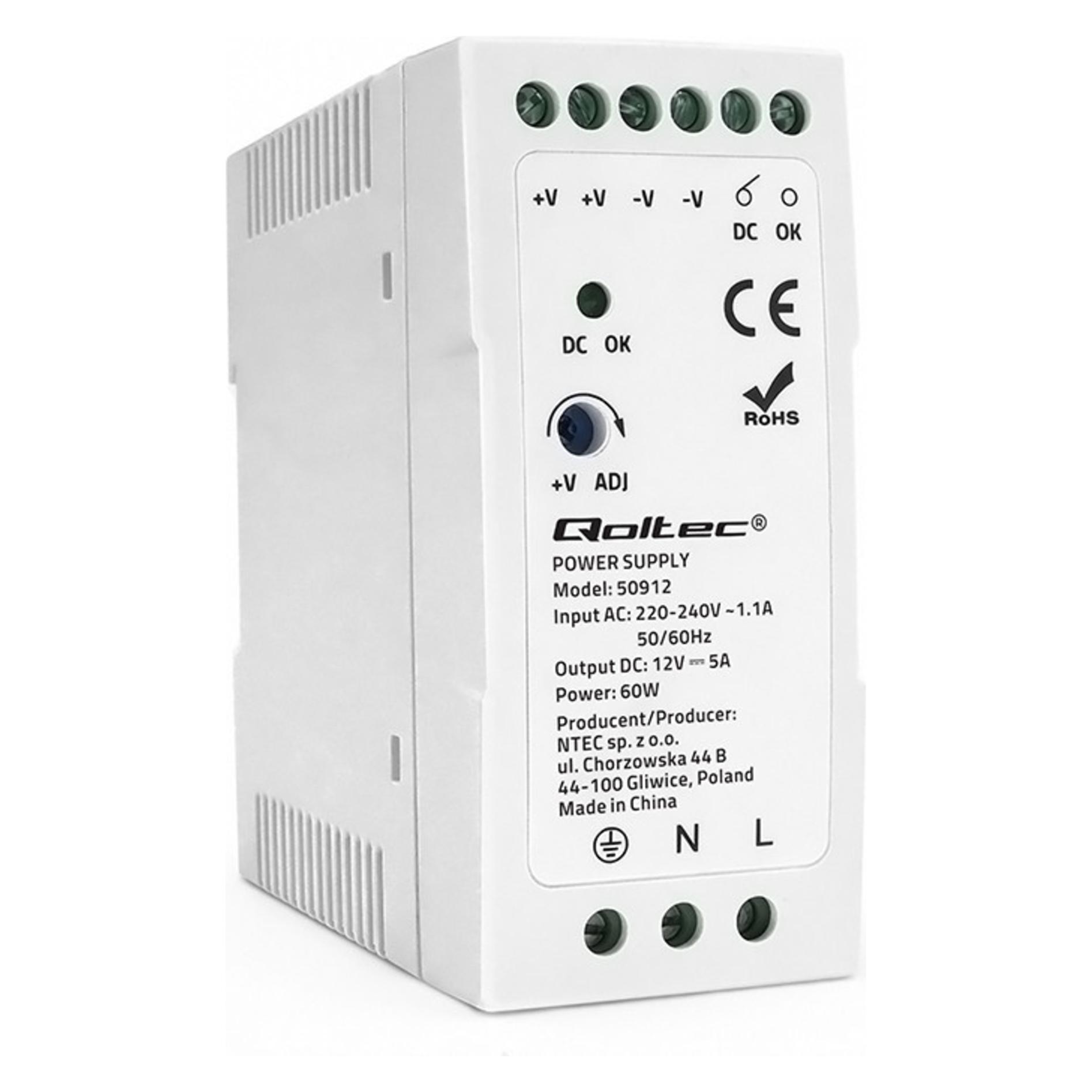 Qoltec Zasilacz na szynę DIN | 60W | 12V | 5A | Biały | Slim (50912)