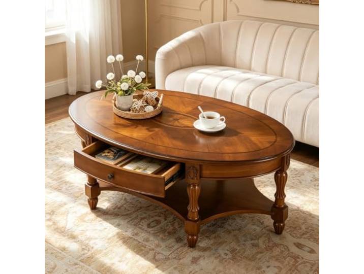 EBOYNSowAprr Luxuriöser ovaler Couchtisch aus handgeschnitztem Massivholz Couchtisch im amerikanischen Landhausstil mit Stauraumfach, Sichere abgerundete Kanten(Cherry,44.9x27.6x18.5 in)