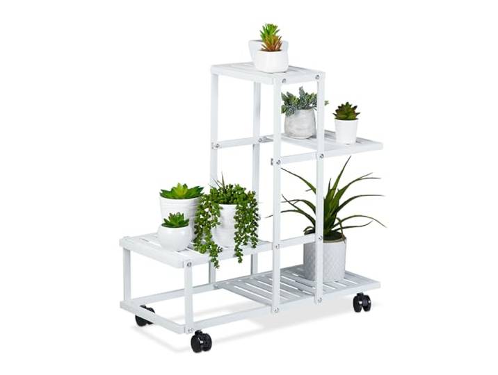 Relaxdays Étagère à plantes\, 4 niveaux\, pour herbes aromatiques et fleurs\, métallique\, acier\, roulettes\, blanche