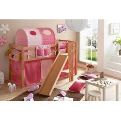 TiCAA Hochbett mit Rutsche Podestbett "Tino" Buche Natur Classic teilbar mit Farbauswahl