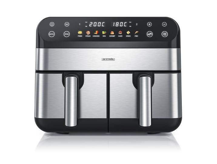 Arendo Heißluftfritteuse XXL Doppelkammer Airfryer 9L, Dual Zone, Backofen, Dörrautomat, 2400 W, mit Zubehör, Touchscreen, 3D Umluftsystem, fettarmes gesundes Kochen