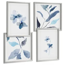 BILDER SET 4er Set - 50x50 cm & 40x60 cm Silberner Rahmen - Minimalistische blaue Blumen