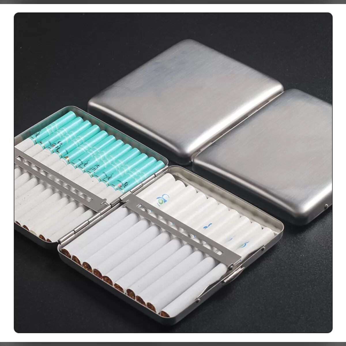 INF Étui à cigarettes en métal brossé - Ouverture automatique, coque rigide de protection, grande capacité