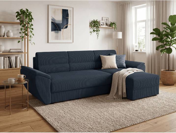 Ausziehbares Ecksofa TAVERO 251x140 cm, dunkelblau, beidseitig montierbar