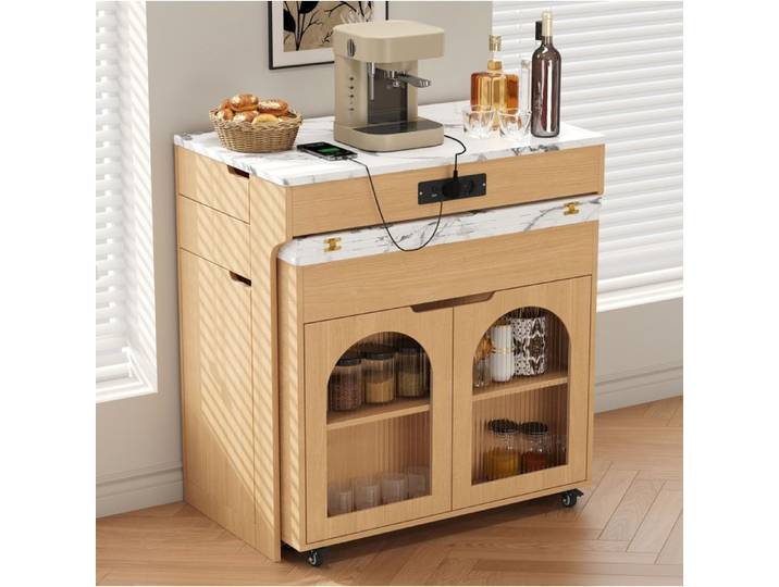 ROVRYN Îlot central sur roulettes avec table extensible prises intégrées 2 tiroirs et portes vitrées naturel