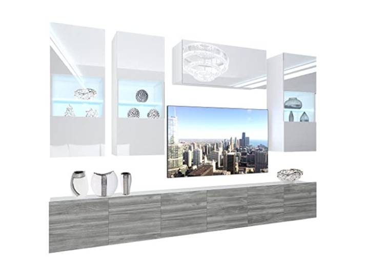 BELINI Wohnwand Schrankwand NEX 5 mit LED-Beleuchtung, Weiß/Glamourholz Vollausstattung Wohnzimmer-Set Moderne Schrankwand Anbauwand TV-Schrank