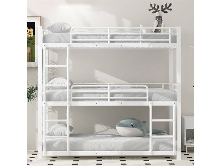 DRIPEX Lit superposé triple en fer 90x200cm Cadre de lit en fer pour enfants adolescents et adultes Blanc