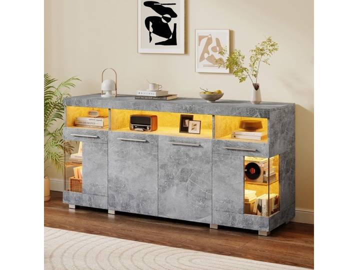 Buffet 140x40x70cm Gris Laqué - Verre Trempé LED - 3 Compartiments Rangement - Meuble Moderne - Design Élégant Pratique
