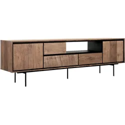TV-Board Metropole aus Teakholz, Industrial Design, natur, 195 cm, Metallgestell, 3 Schubladen, 2 Türen