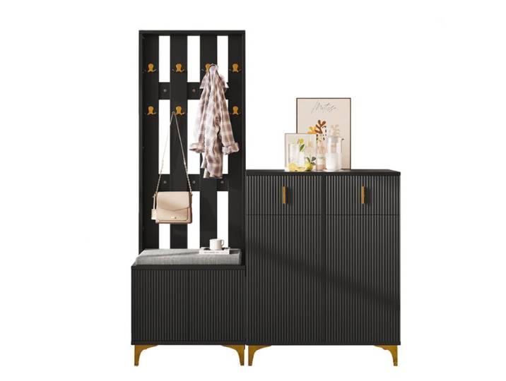 Set entrée noir avec meuble à chaussures 83x35x101 cm et porte-manteaux 60x35x180 cm