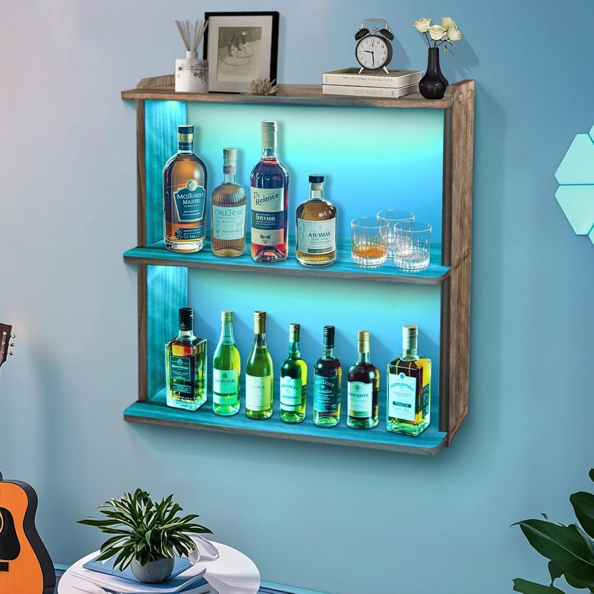 Drielaagse Zwevende Wandplank met LED-verlichting in Houtkleur - B: 72 cm, H: 60 cm