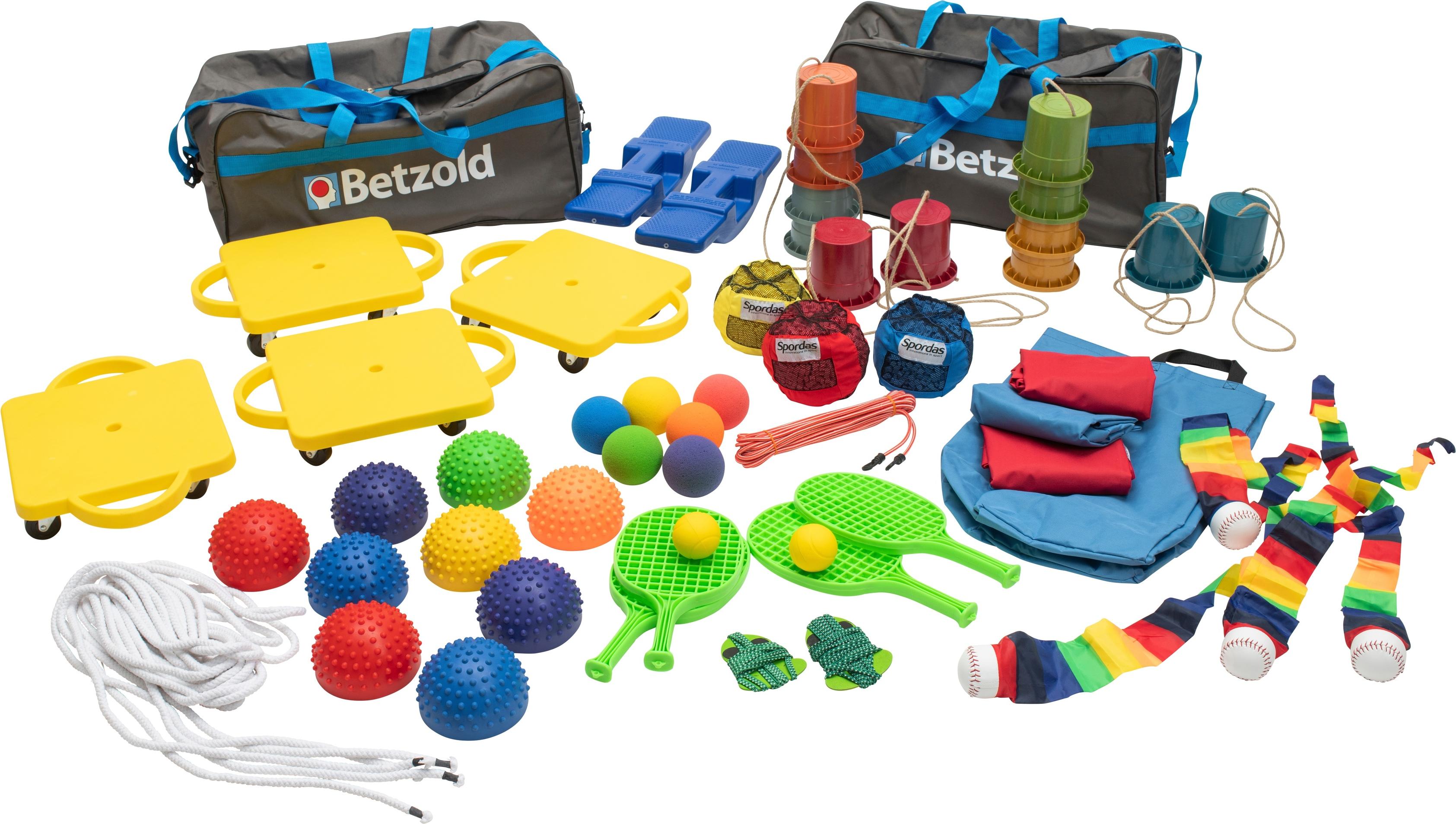Betzold Psychomotorik-Set mit 12 Laufstelzen und 8 Balancier-Igeln, inkl. Tragetasche