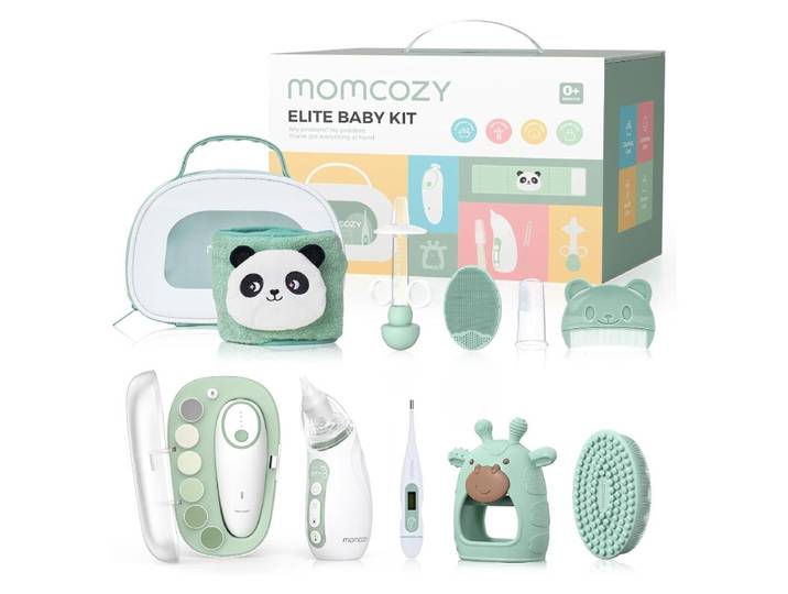 Momcozy Elite Kit de soins bébé avec lime à ongles électrique, aspirateur nasal, bande chauffante, thermomètre et plus, cadeaux pour maman