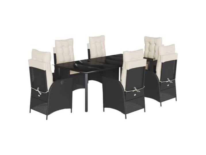 PUGYNBK 7-teiliges Esszimmer Set aus synthetischem Rattan in schwarz Verstellbare Rückenlehne, waschbare Kissen, Hartglastisch, 110 kg pro Sitzfläche