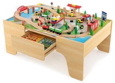 Costway 84-Piece Train and Building Block Table with Reversible Top and Creative Play Surface