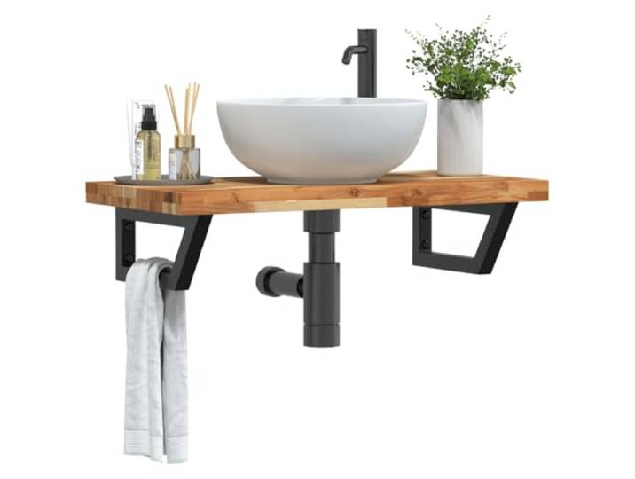 KTHLBRH Waschbeckenregal Wandmontage Stahl Akazienholz Schweberegal Stahlhalterungen, massive Akazienholzplatte, Trapezform, flexible Montageposition, moderne Optik