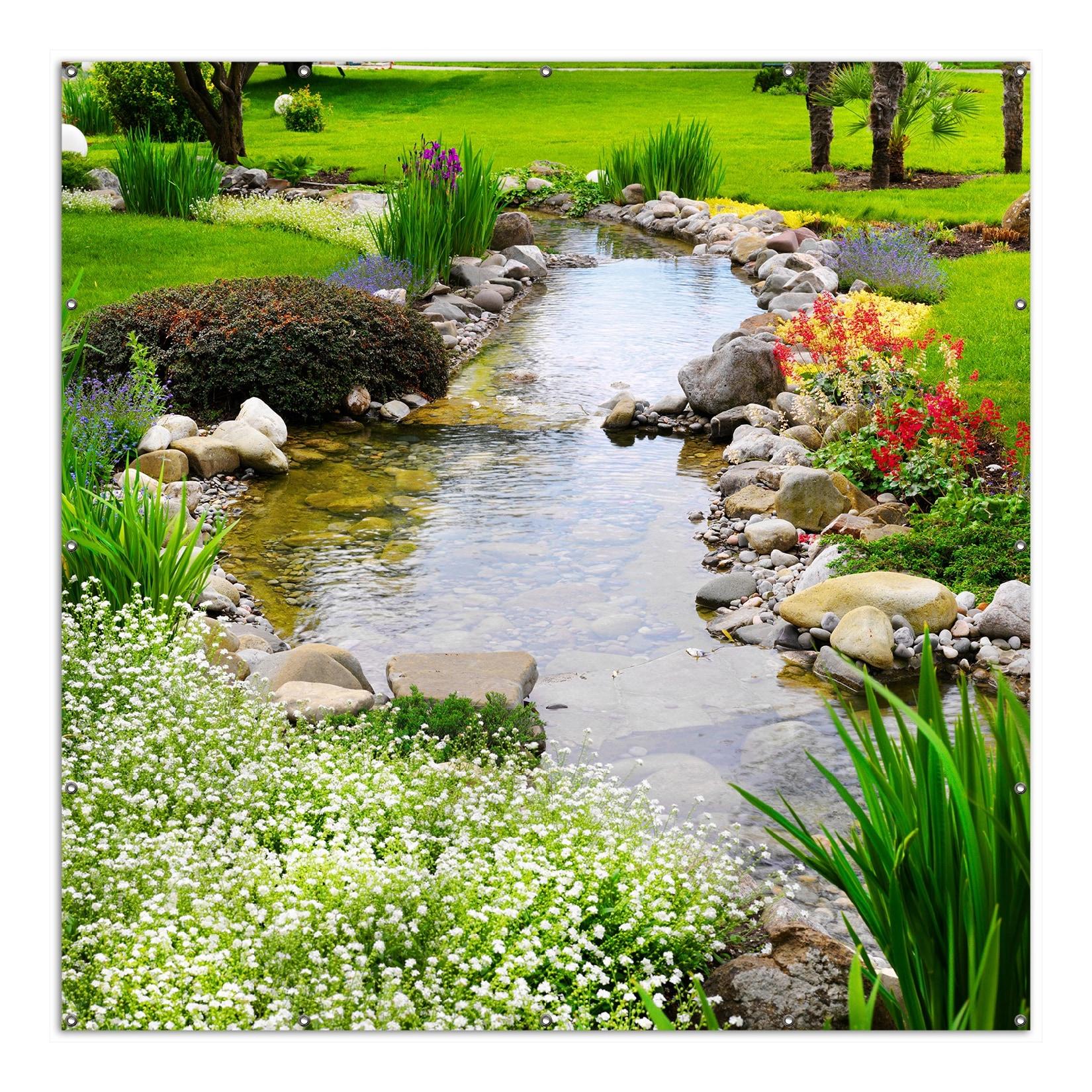 Wallario Gartenposter ca. 120 x 180 cm Blumen am Teich