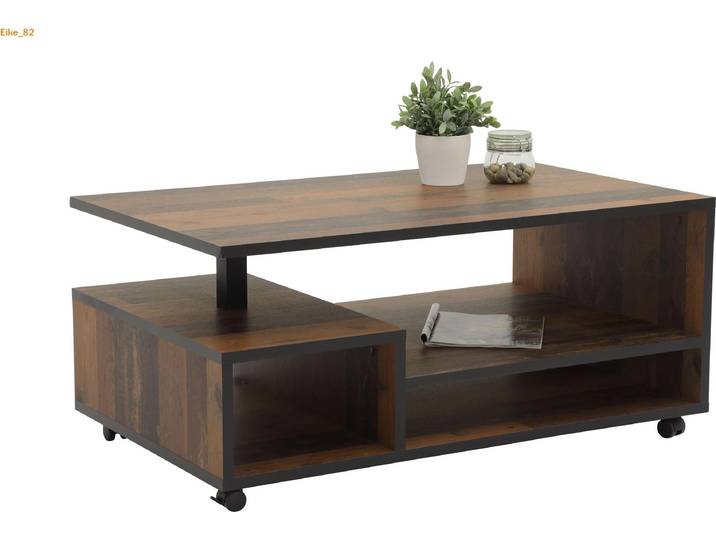 Couchtisch mit Funktion, Wohnzimmertisch Eike - Oldwood / Kanten schwarz - Ablagefächer - auf Rollen - 110x68 cm