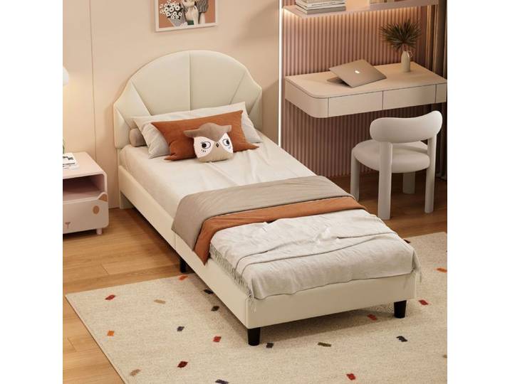 Lit 90x200 cm lit enfant tête de lit réglable velours beige