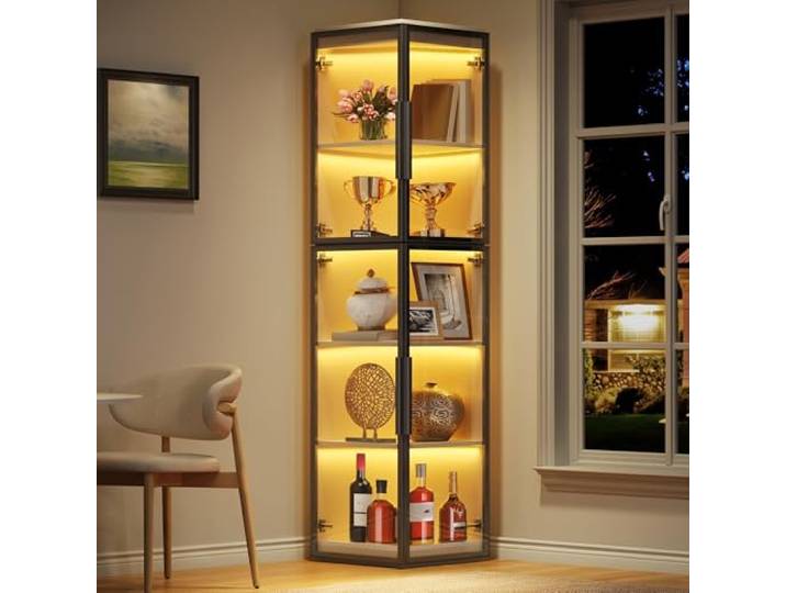 BTM Schmaler Acrylvitrine mit LED Beleuchtung und 5 Regal, Vitrinenschrank Stehend Acrylvitrine Wohnzimmer Standvitrine Weiß