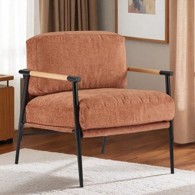 "27.56"" Polyester Modern Accent Chair with Plush Cushions and Minimalist Metal Frame and Wooden Armrest Design"