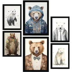 POSTER Set Mit 6 Bärenanzüge A3 & A4 Schwarzer Rahmen