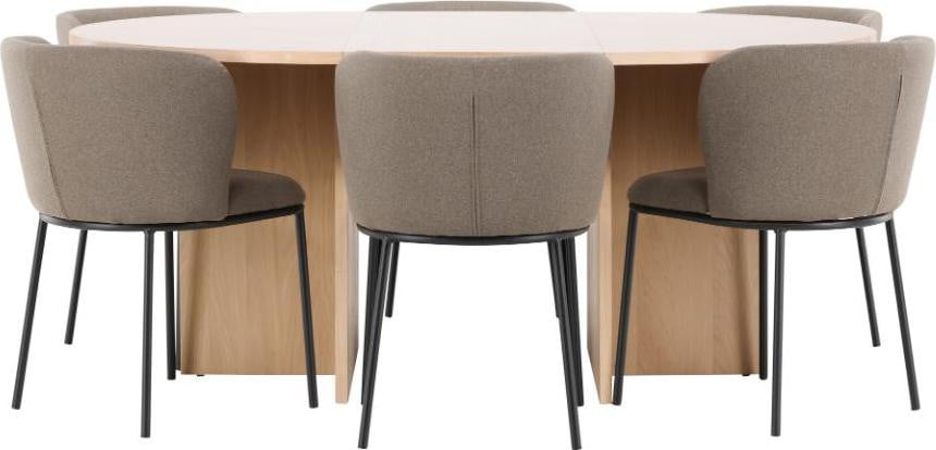 Strada eethoek set met uittrekbare tafel en 6 stoelen, whitewash en bruin, Ø120 cm tot 170 cm