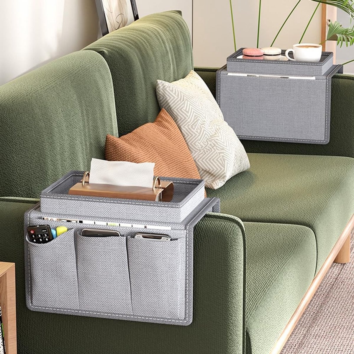 Omgoods Sofa Armleuning Organizer - Hangende Opbergzak voor Remote en Telefoon - Grijs