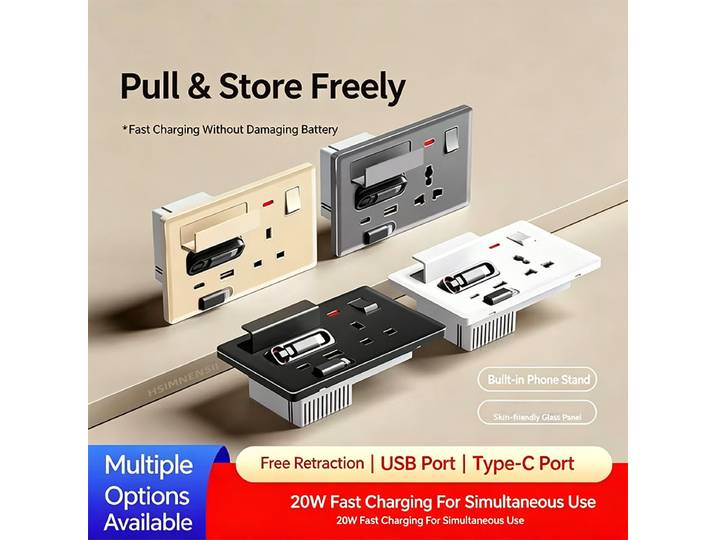 Prise murale britannique 20W PD à charge rapide avec câble USB-C rétractable intégré, prise universelle pour la charge de téléphones mobiles