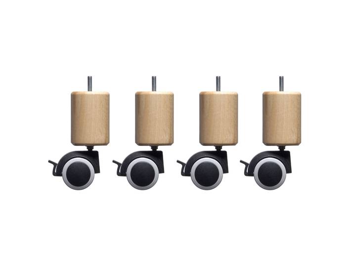 4 pieds cylindriques bois naturel à roulette pivotante et frein 15 cm