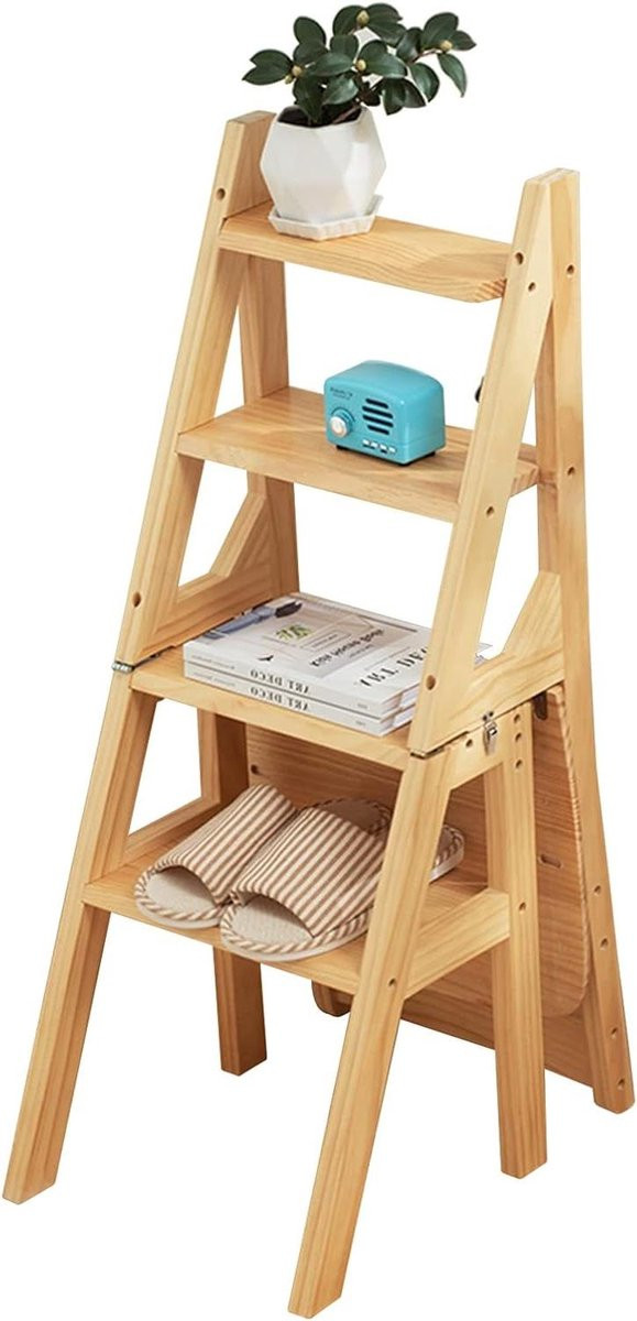 Merkloze Houten Opvouwbare Kruk - Milieuvriendelijke Ladderstoel met 150 kg Draaglast