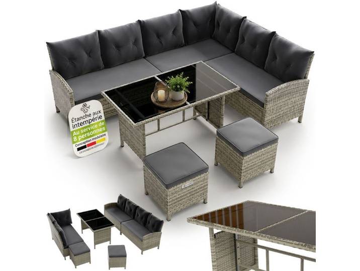 Juskys Salon de Jardin Manacor 7 Places en Résine Tressée – Canapé d'Angle Table Poufs & Coussins Gris
