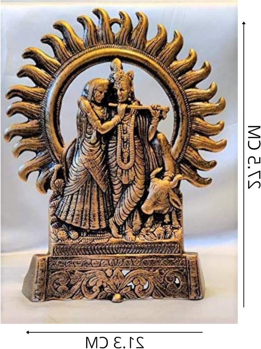 Handgemaakt Aluminium Religieus Beeld Krishna Radha - Bruin - Hoogte: 21 cm