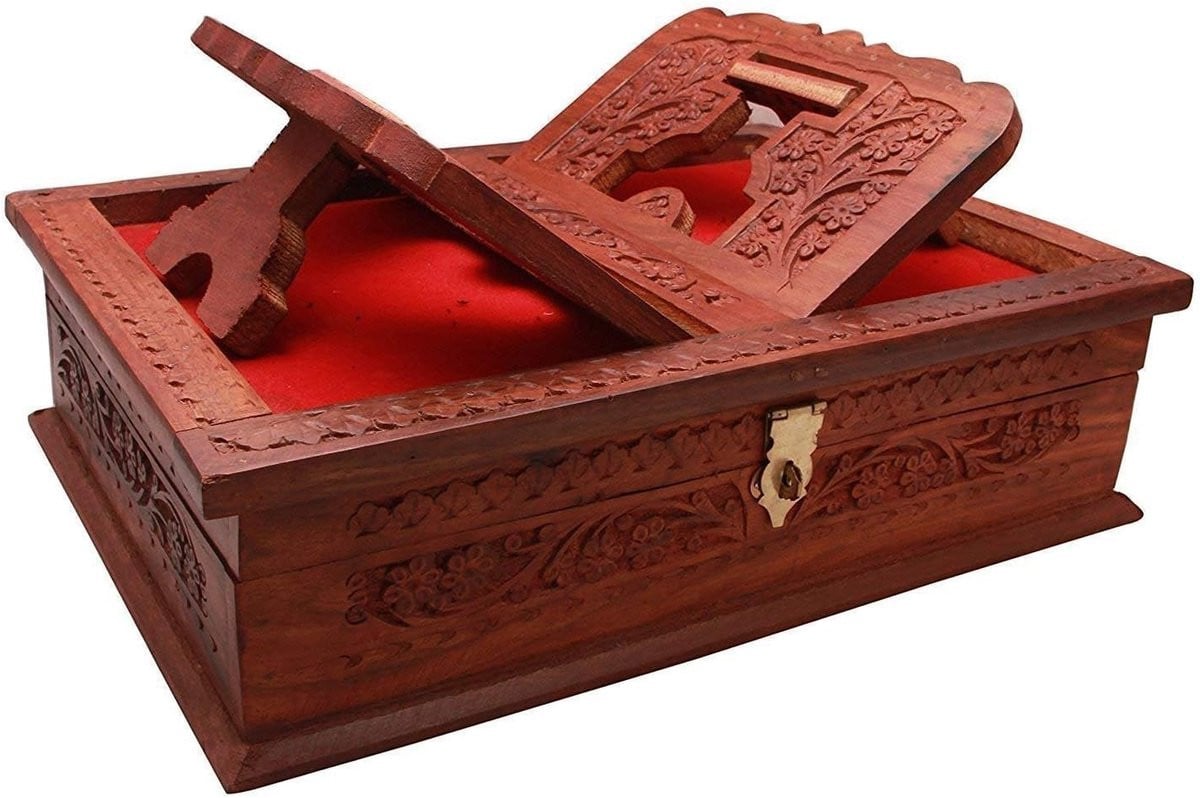 Decoratieve houten boekdoos met handgesneden decoratie - Bruin - B/D/H: 33 x 25,4 x 10,16 cm