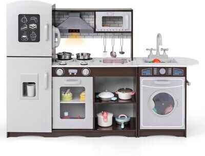 Costway Corner Toy Kitchen Set with Light with Sounds Interactive-Dark Brown
