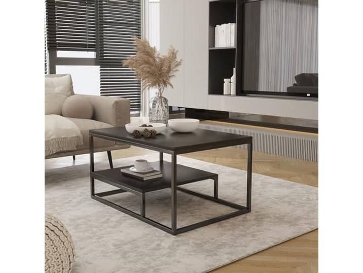 Design Möbel Couchtisch mit Ablage 90 Couchtisch Wohnzimmertisch Kaffeetisch Sofatisch Tischplatte Tisch mit unterer Ablage Beine aus Metall Industrieller Stil Basic